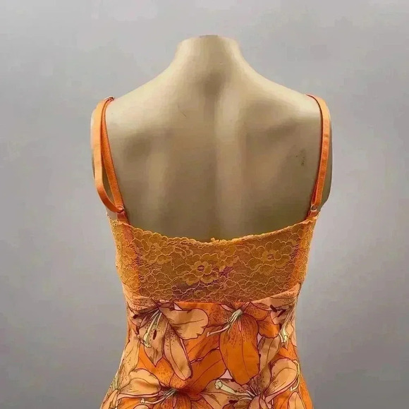 Slip Dress Size S Orange Floral Lace Y2K Fairy Sexy Mini Side Slit Mesh Sheer - Picture 9 of 9